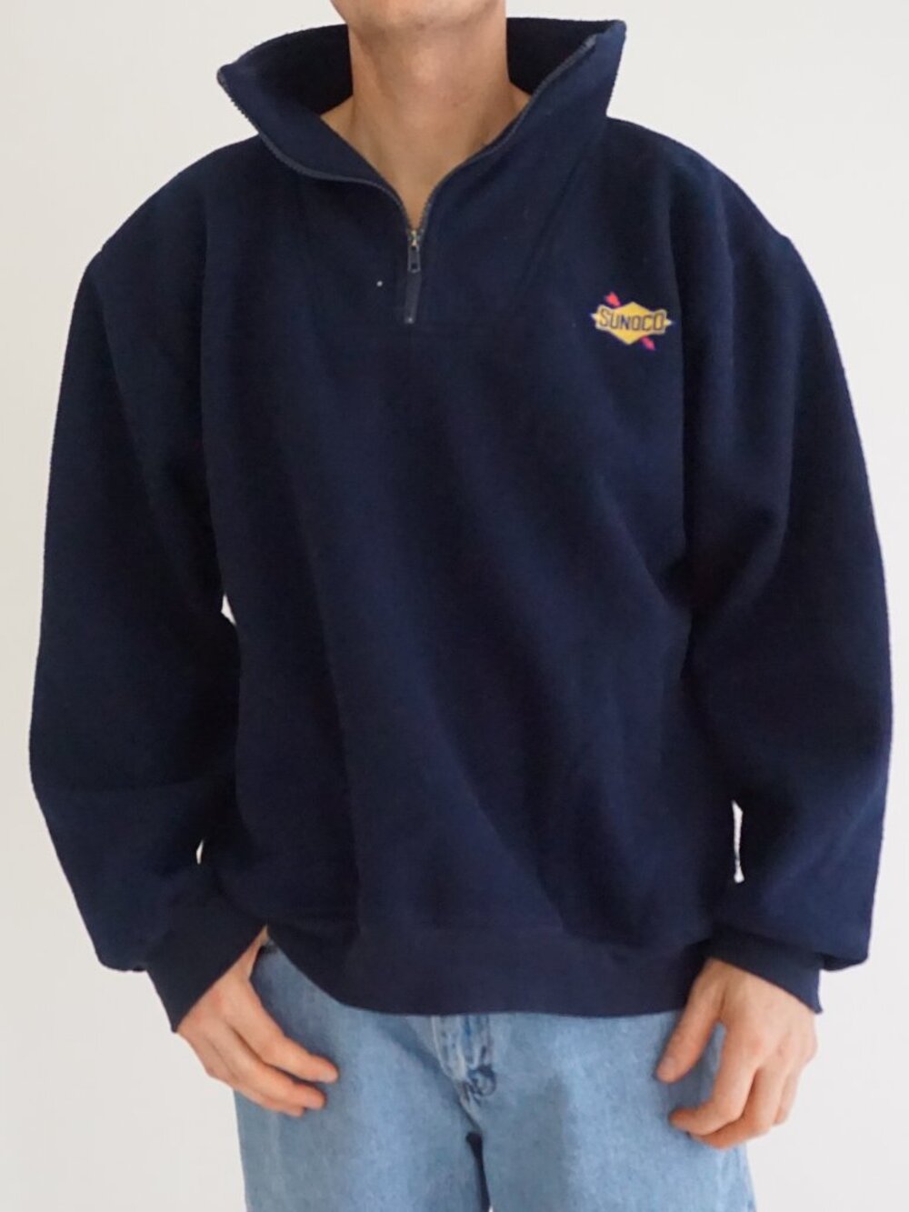 Vintage Sunoco Navy Logo Quarter Zip Fleece Sweatshirt Embroidered Workwear L